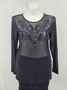 Torrid 2 Womens 18/20 Black Sheer Top Beaded Floral Embellished Long Sleeve